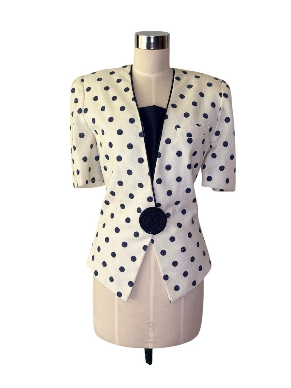Vintage Jacqueline Ferrar Polka Dot Short Sleeve Blazer Jacket - White/Navy